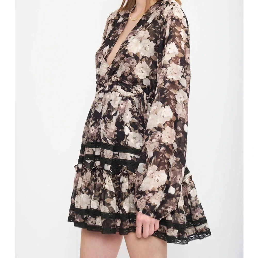 En Saison Babydoll Dress Rena Floral Print Boho Long sleeves Mini Chiffon 1X